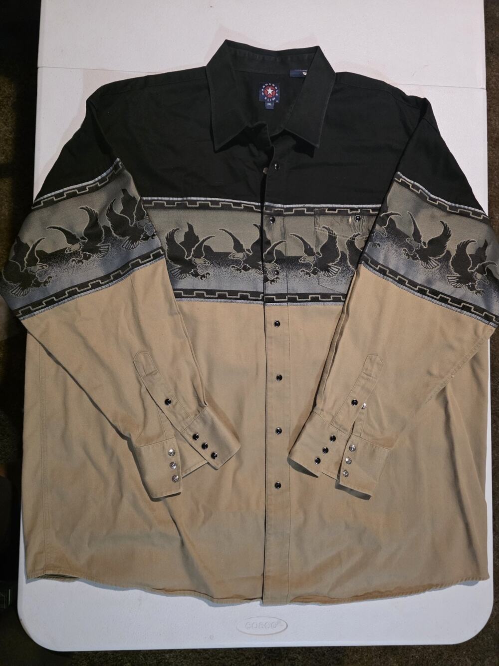 Vtg Panhandle Slim Western Shirt Mens 2XL Black Beige Eagle Print Pearl Snap